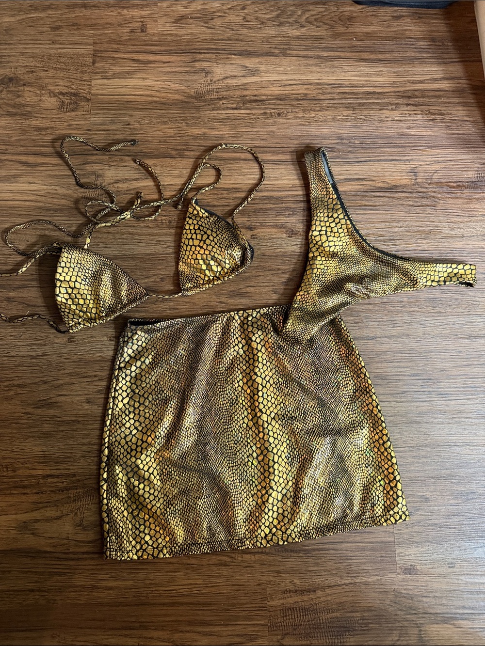 Metallic Gold Snakeskin Bikini Set with Mini Skirt